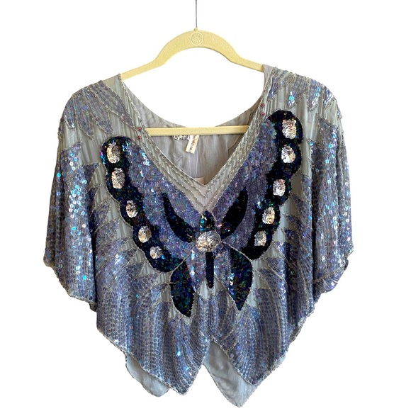 Vintage 1960 SILK Iridescent Blues Sequin Butterfly Disco Top NWT OneSize - Picture 1 of 12